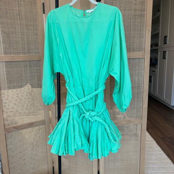 Rhode Ella Green Mini Dress pleated with belt long puffy sleeve size medium - Picture 4 of 8